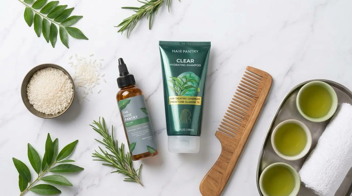 The Hair Pantry Clear Hydrating Anti-Dandruff Shampoo containing Piroctone Olamine, displayed next to scalp oils and fresh rosemary