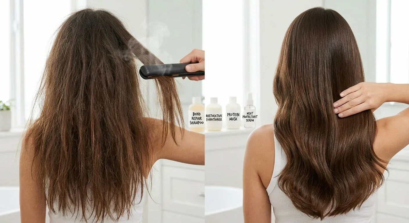 Split-screen before and after showing heat-damaged frizzy hair being straightened on left and smooth repaired healthy hair on right with bond repair shampoo, conditioner, protein mask and heat protectant serum bottles in bright bathroom