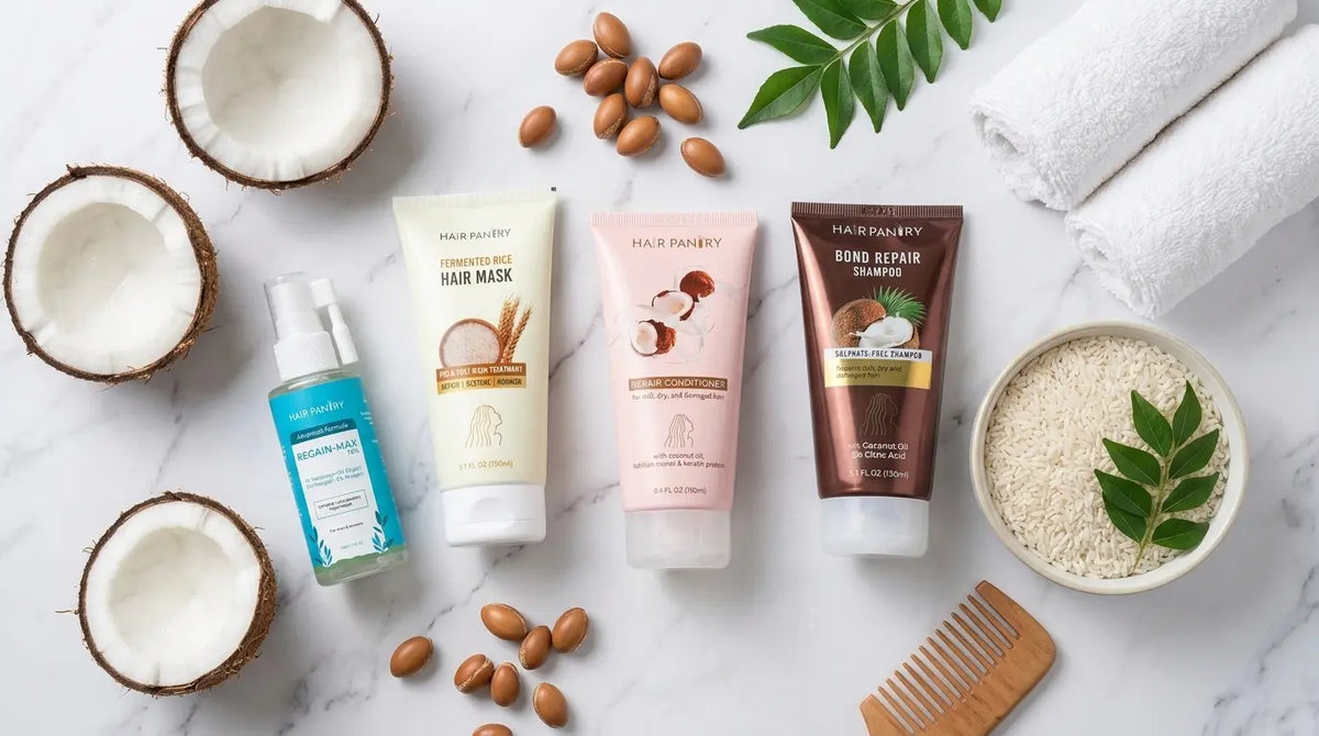 Hair Pantry hair care products including Regain-Max Serum, Fermented Rice Hair Mask, Repair Conditioner, and Bond Repair Shampoo displayed on a marble surface with coconuts, argan nuts, rice, and a wooden comb.
