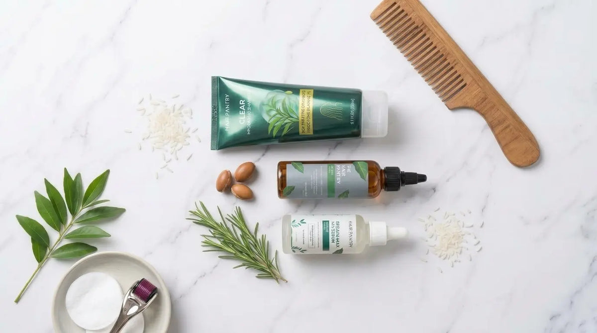 A complete hair regrowth treatment flat lay featuring a microneedling dermaroller, scalp serum bottle, wooden comb, and natural rosemary sprigs