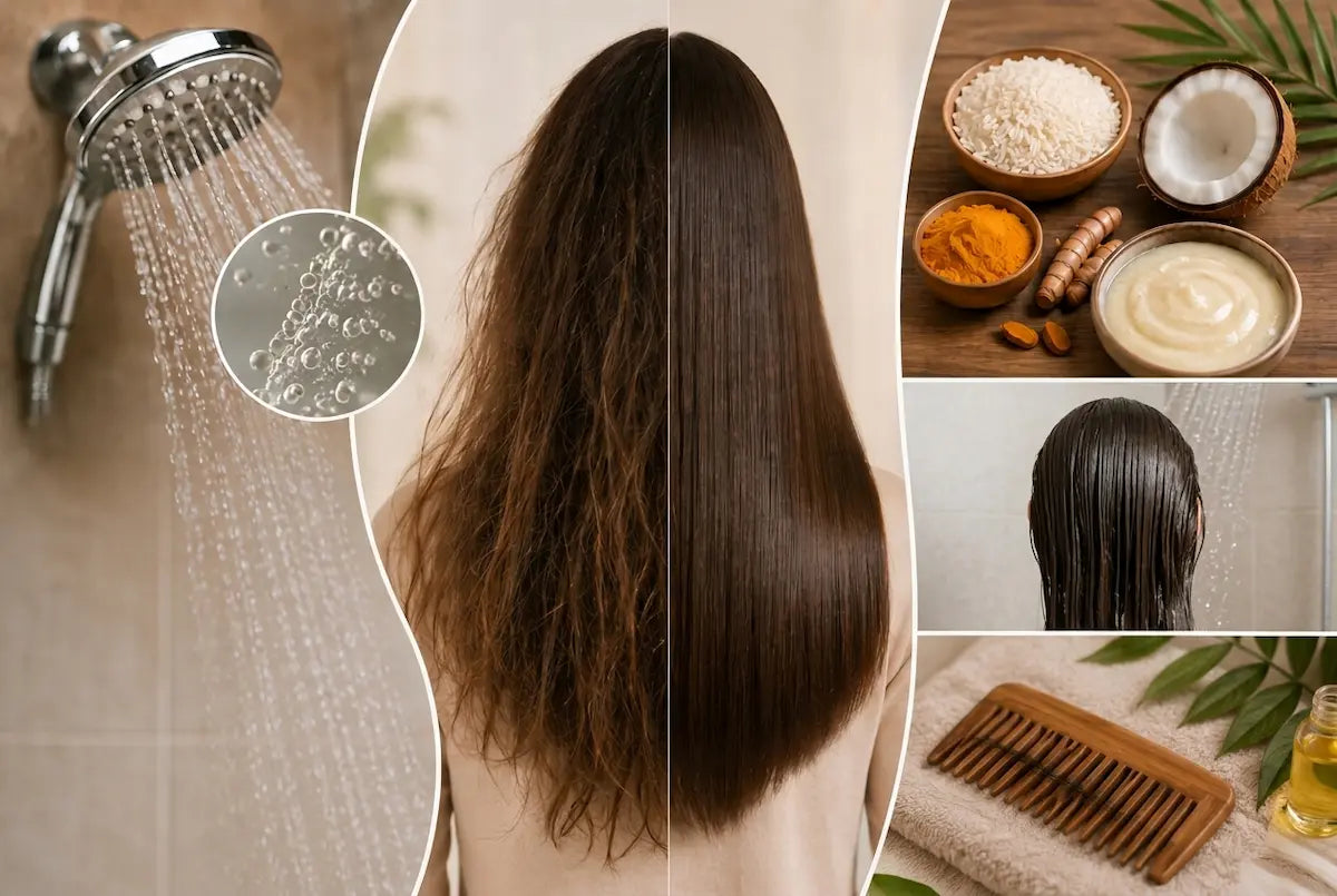 Before-and-after comparison of hard water damaged frizzy hair versus smooth repaired hair, with shower water, rice, coconut, turmeric, and a wooden comb