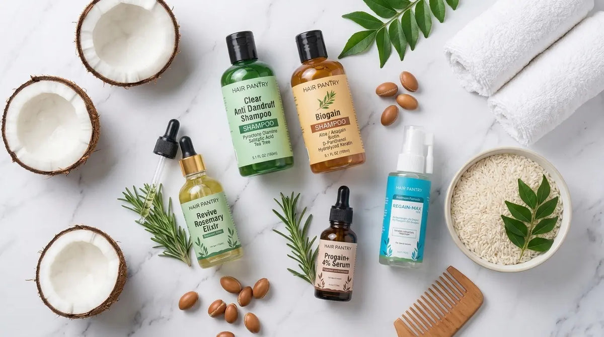 Hair Pantry men's hair care products including Clear Anti Dandruff Shampoo, Biogain Shampoo, Revive Rosemary Elixir, Progain+ 4% Serum, and Regain-Max 14% Serum on a marble background with natural ingredients.