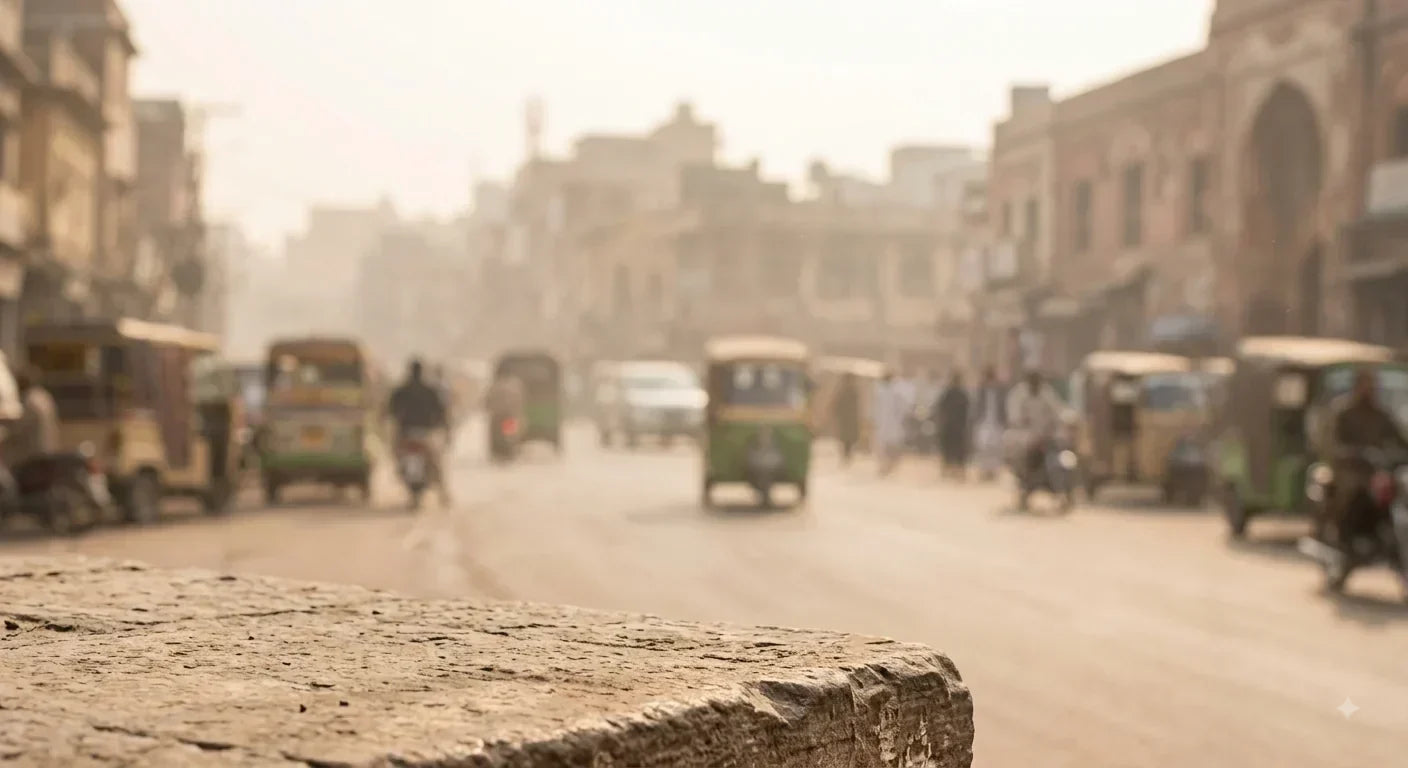 Hazy smog-filled street scene in a Pakistani city with auto-rickshaws, motorcycles, and old buildings shrouded in thick air pollution, illustrating the environmental factors damaging hair health in Lahore and Karachi.
