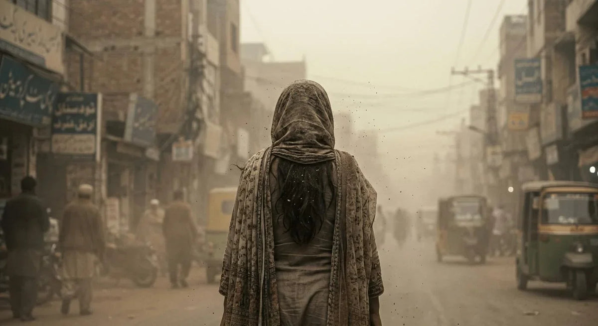 Pakistani woman in traditional dupatta walking through dusty smog-filled street with auto-rickshaws and Urdu shop signs, showing air pollution exposure affecting hair health