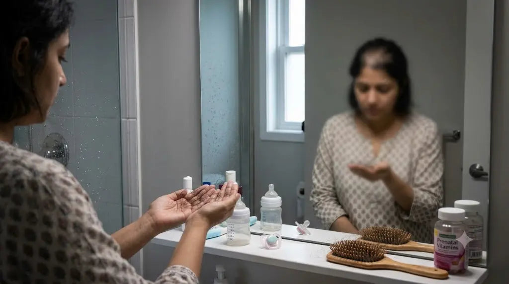 A woman, face turned away, holds a clump of shed hair in a bathroom featuring baby items and prenatal vitamins on the counter.