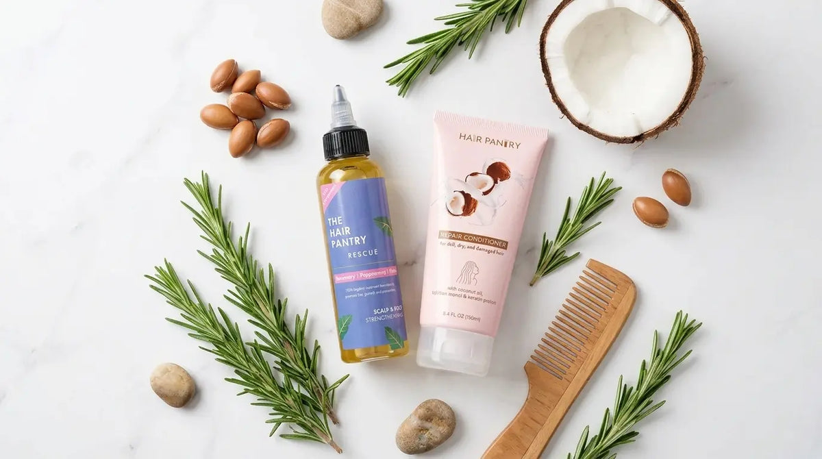 The Hair Pantry Rescue rosemary scalp oil for hair growth surrounded by fresh rosemary leaves, argan nuts, and raw coconut