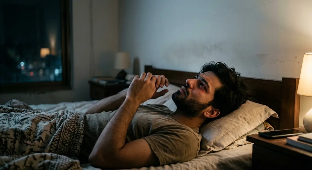 young man lying awake in bed late at night with an anxious expression, representing sleep deprivation and the stress-induced hair loss cycle.