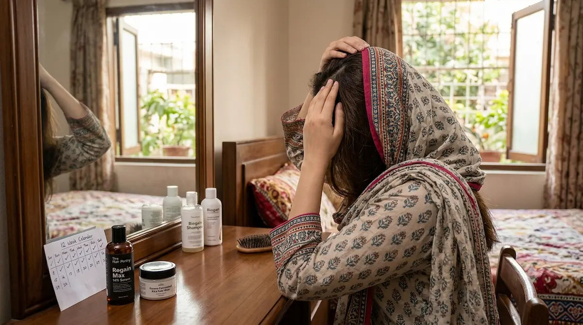 A woman from behind, face hidden by her hair and a dupatta, checks her scalp at a vanity table with hair care products and a checklist.