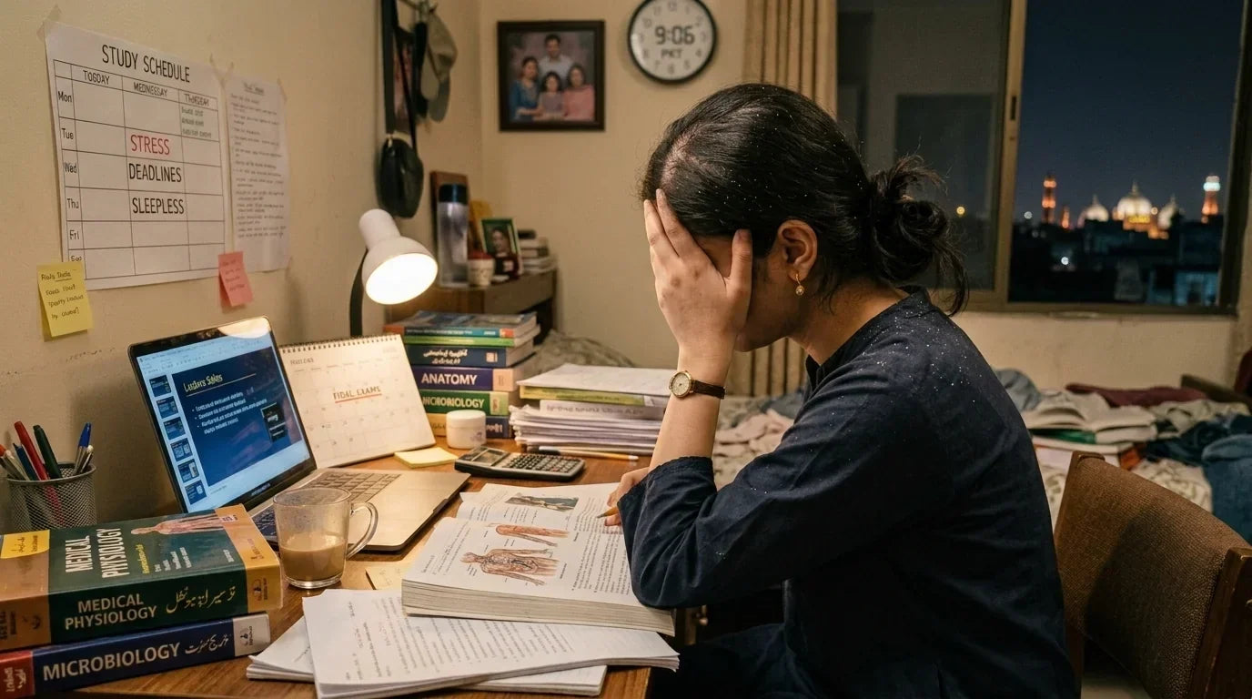 Stressed female medical student studying late at night with anatomy and physiology textbooks, laptop and study schedule showing exam stress and sleepless deadlines