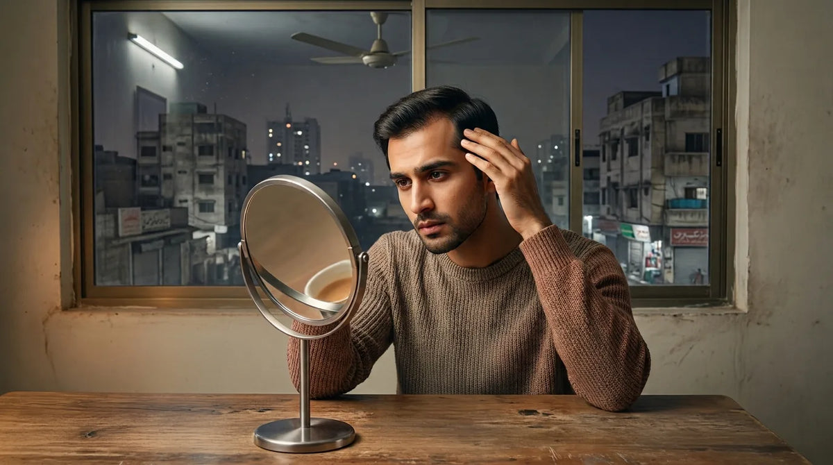 Young Pakistani man in his twenties checking his receding hairline in a round vanity mirror at night, with city buildings and a ceiling fan visible through the window behind him