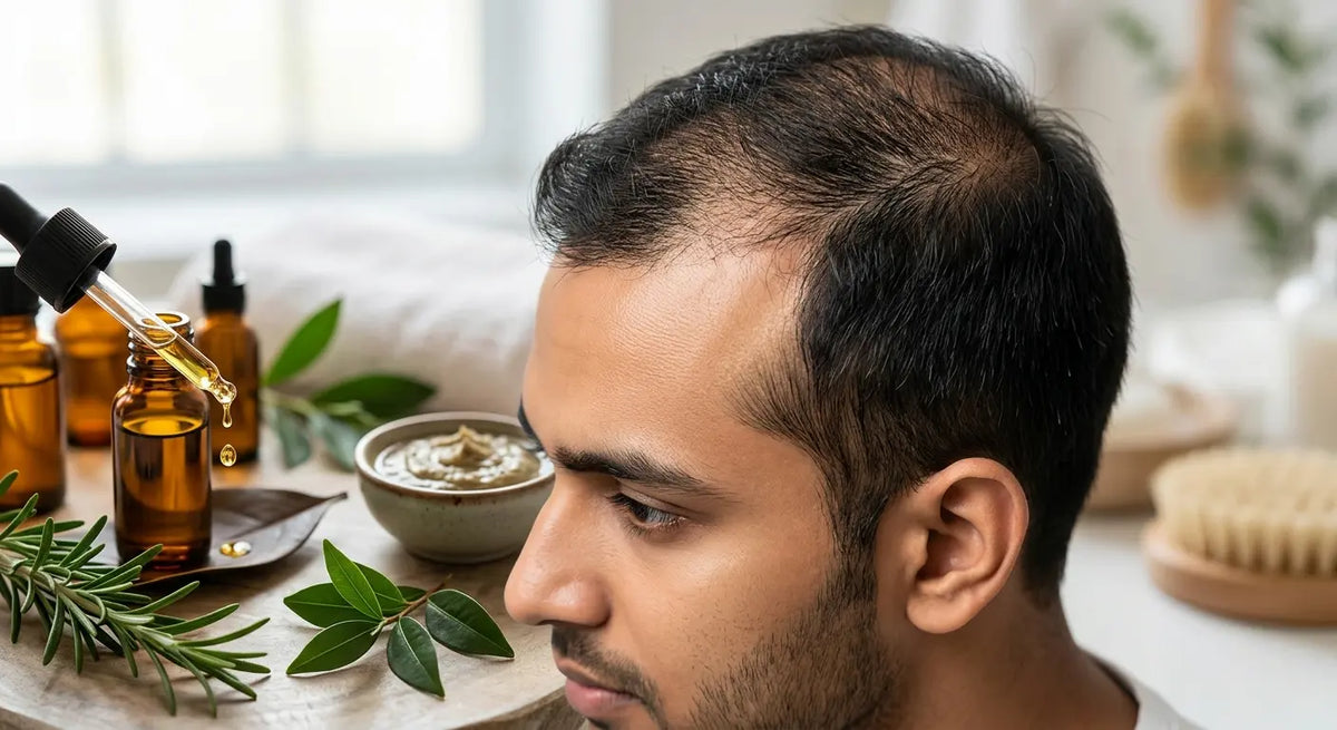 Close-up shot of a young Asian man with visible hairline thinning at the temples, framed alongside natural scalp care serums, rosemary oil, and a dropper.  short and contextual slug