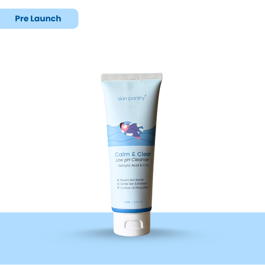 Tube of 'Calm & Clear' cleanser from 'skin pantry' on a white background