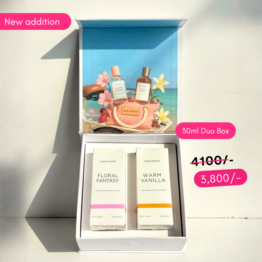 30ml Duo Box with 'Floral Fantasy' and 'Warm Vanilla' products, displayed in a box with a scenic background.